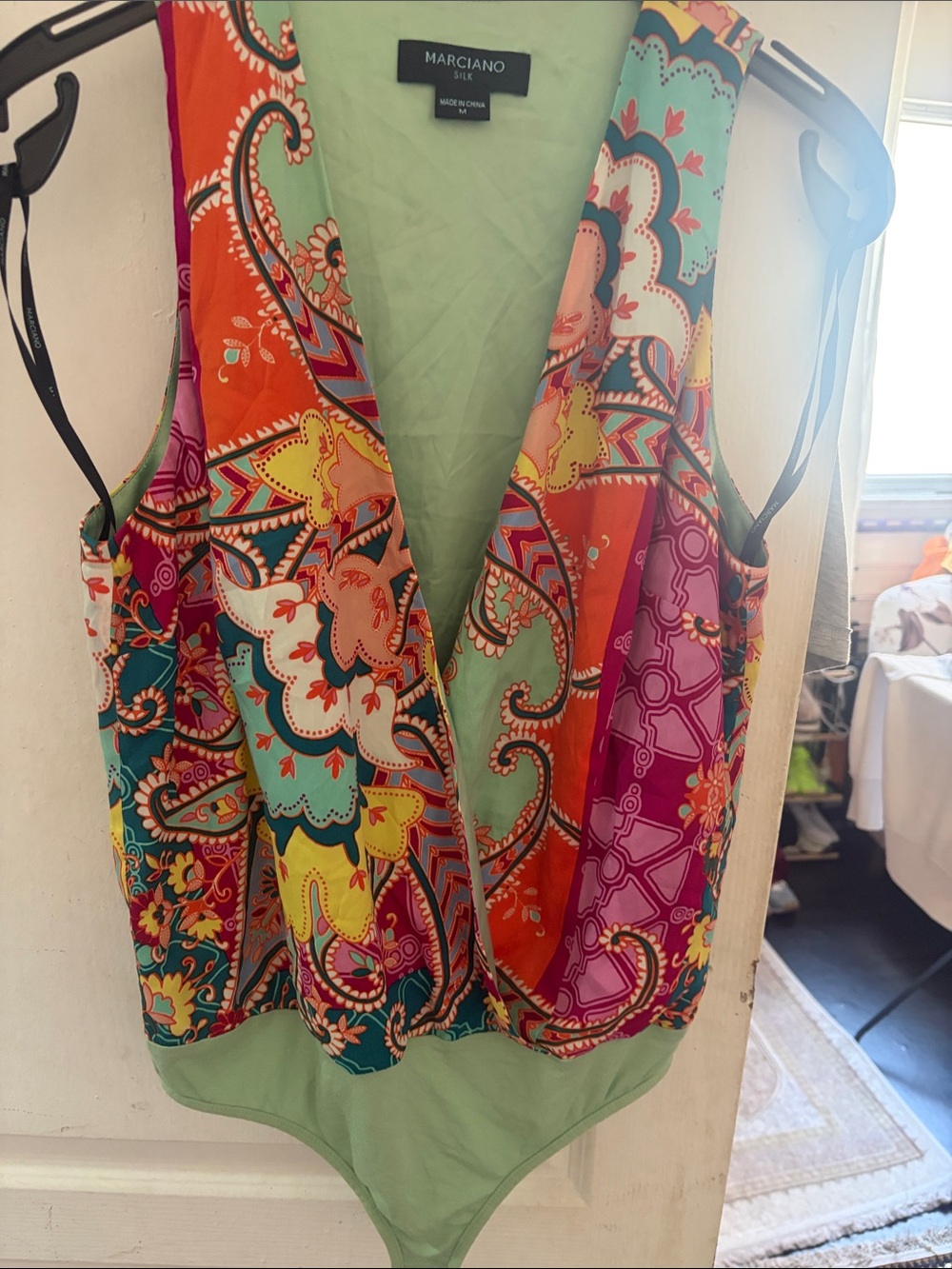 Marciano Multicolor Paisley V-Neck Bodysuit - Mint, Orange, Pink